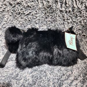Diane Gail Los Angeles Blck Rabbit Fur Clutch with Wristlet Strap and Chain